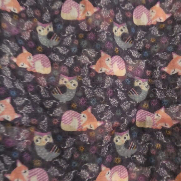 Sheer Sleeping Fox and Owl Infinity Scarf with Checkered Pattern Boarder - Picture 1 of 12